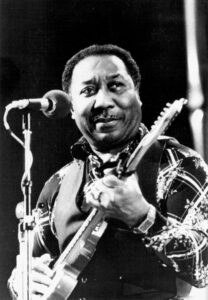 Muddy Waters performing live on stage with his red Fender Telecaster in November 1976